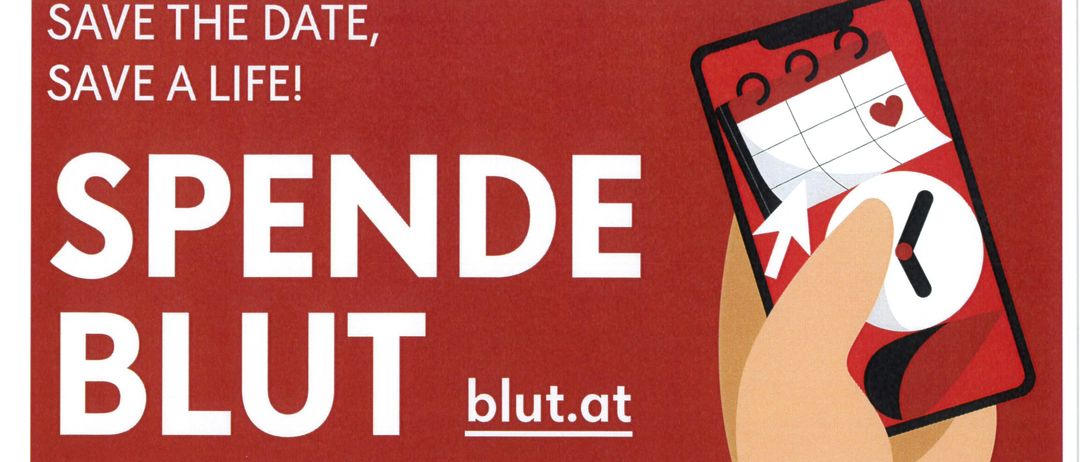 Plakat für Blutspende-Veranstaltung am 18.07.2025 in der Jubiläumshalle Klingenbach. Zeiten: 15:00-16:30 und 17:30-20:00. Kontakt: blu.at - 0800/190 190. QR-Code für Terminbuchung.