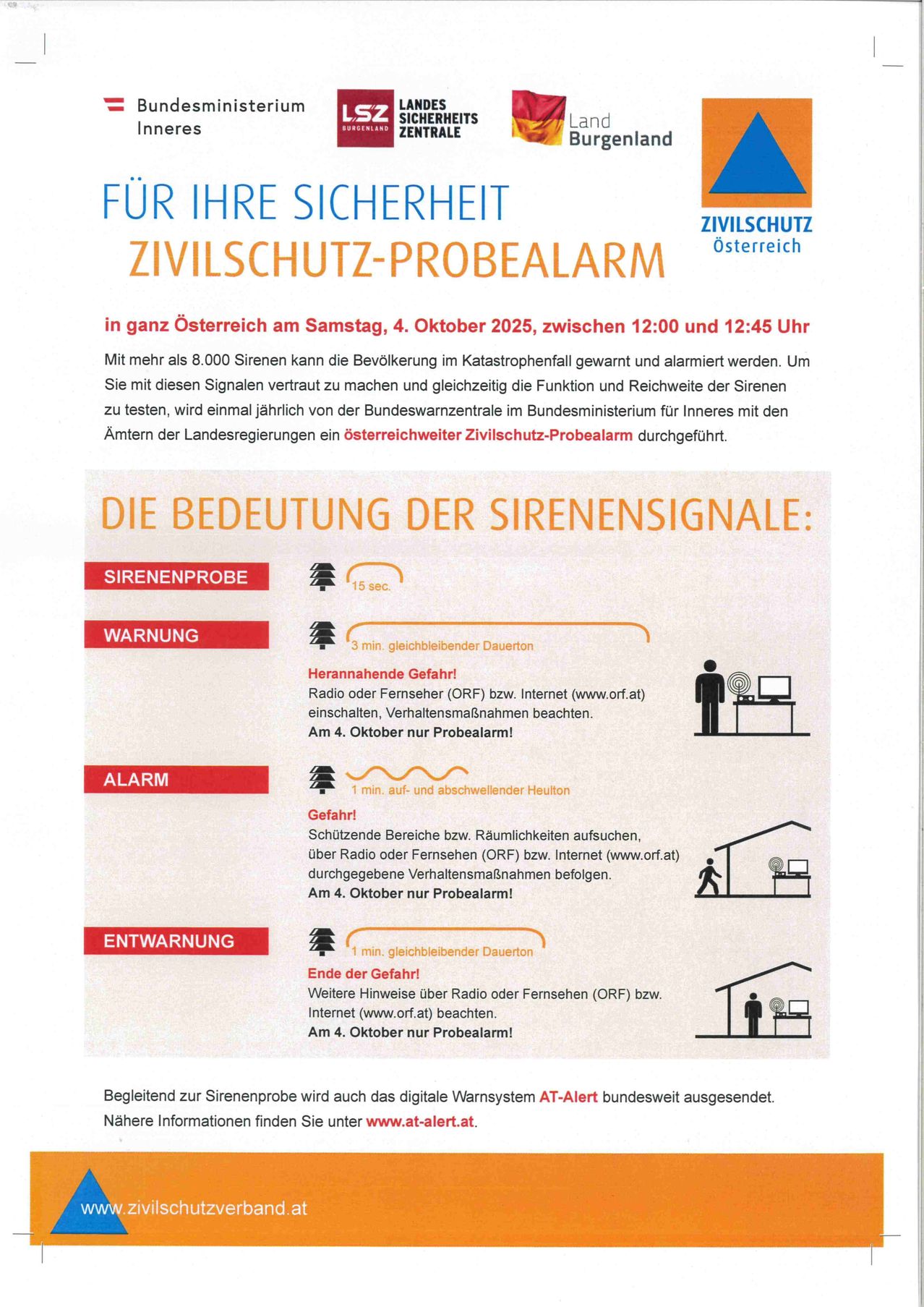 Ein Informationsposter über den Zivilschutz-Sirenentest in Österreich. Es beschreibt den Zweck des Tests, der die Funktionalität und Reichweite der Sirenen im Katastrophenfall sicherstellen soll. Es werden auch die Signale während des Tests erläutert.