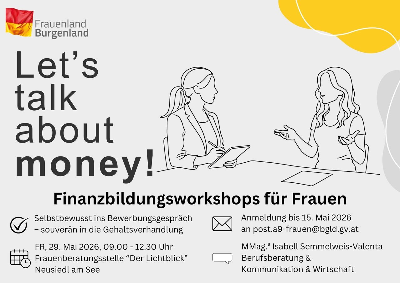 Flyer für einen Finanzbildungsworkshop für Frauen, enthält Datum und Uhrzeit der Veranstaltung sowie Anmeldedetails.