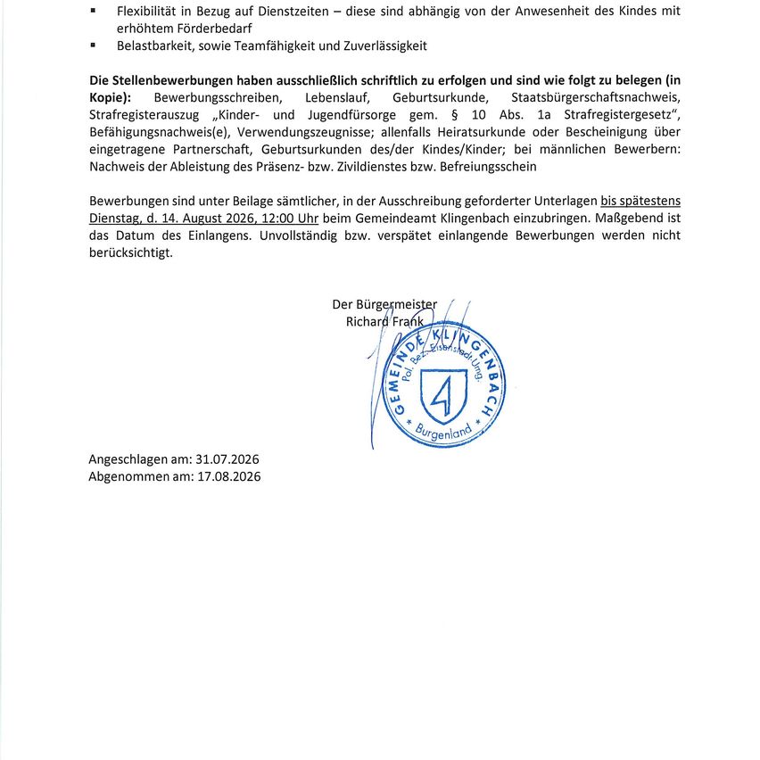Ein Dokument mit einer Liste von Anforderungen für Bewerbungen, einschließlich Flexibilität in Bezug auf Arbeitszeiten, Teamfähigkeit und Zuverlässigkeit. Es erwähnt auch die Frist für die Einreichung von Bewerbungen.