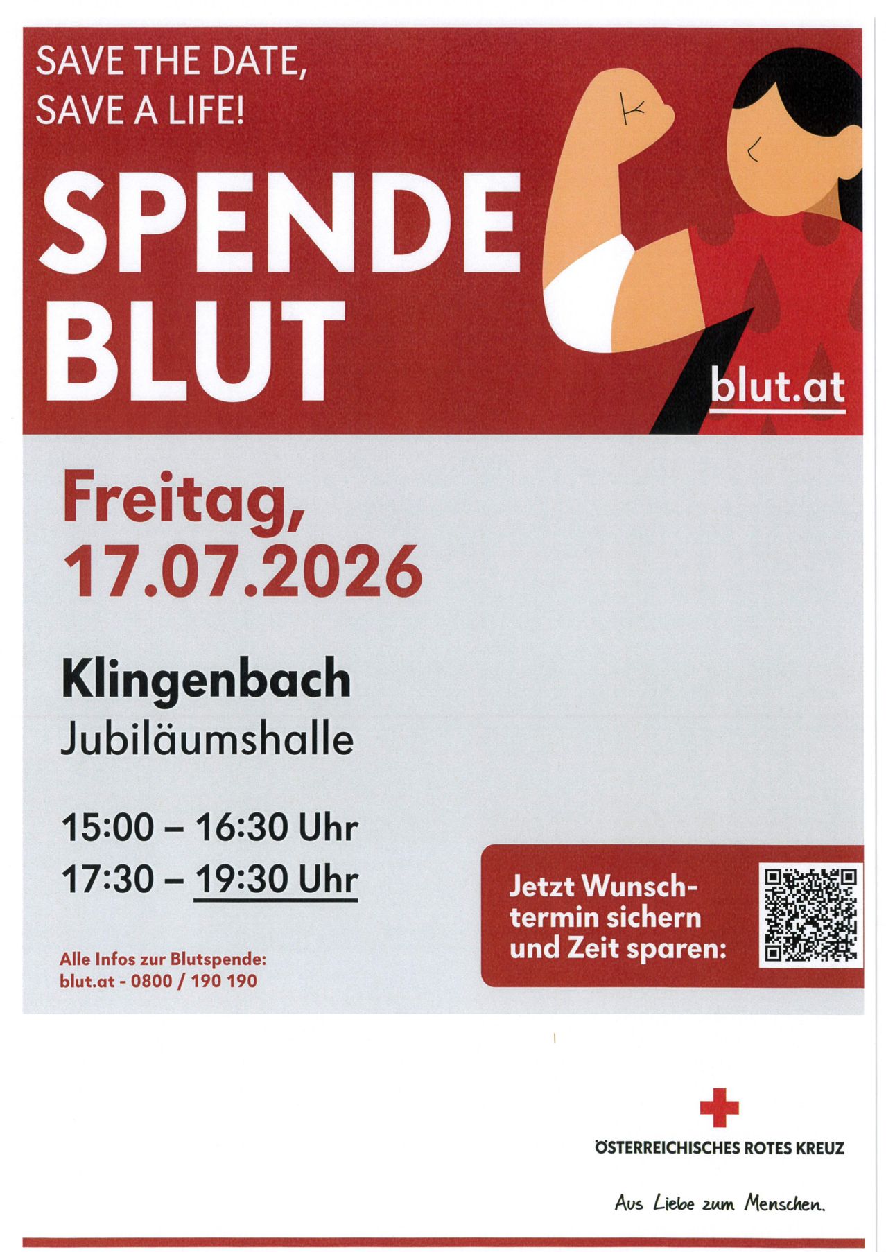 Blutspende-Veranstaltung in Klingenbach am 17.07.2026. Zeiten sind 15:00-16:30 und 17:30-19:30. Besuchen Sie blut.at für weitere Informationen.