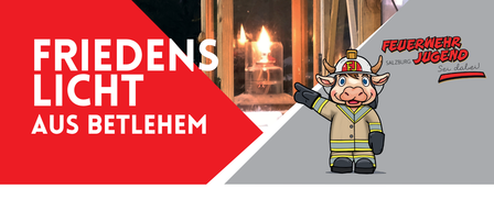 Ein Bild, das ein Ereignis am 24. Dezember von 9-12 Uhr im Feuerwehrhaus Grodig bewirbt, mit einem Feuerwehrmann-Cartoon und einem roten Pfeil nach rechts.