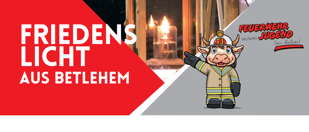 Ein Bild, das ein Ereignis am 24. Dezember von 9-12 Uhr im Feuerwehrhaus Grodig bewirbt, mit einem Feuerwehrmann-Cartoon und einem roten Pfeil nach rechts.