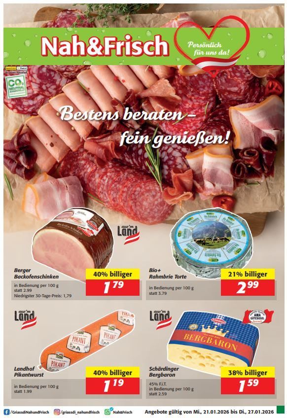 Werbung für Nah&Frisch mit verschiedenen Fleischprodukten, darunter Backerwurst, Rohm Brie Torte, Pikant Wurst und Bergbaron Käse. Preise mit Rabatten sind angegeben.