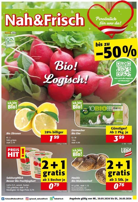 Werbung für Nah&Frisch mit Bio-Produkten. Zeigt Bio-Rettich, Zitronen und anderes Gemüse. Bietet Rabatte bis zu 50% und einen QR-Code für weitere Informationen. Beinhaltet Angebote wie 2+1 gratis bei bestimmten Produkten.