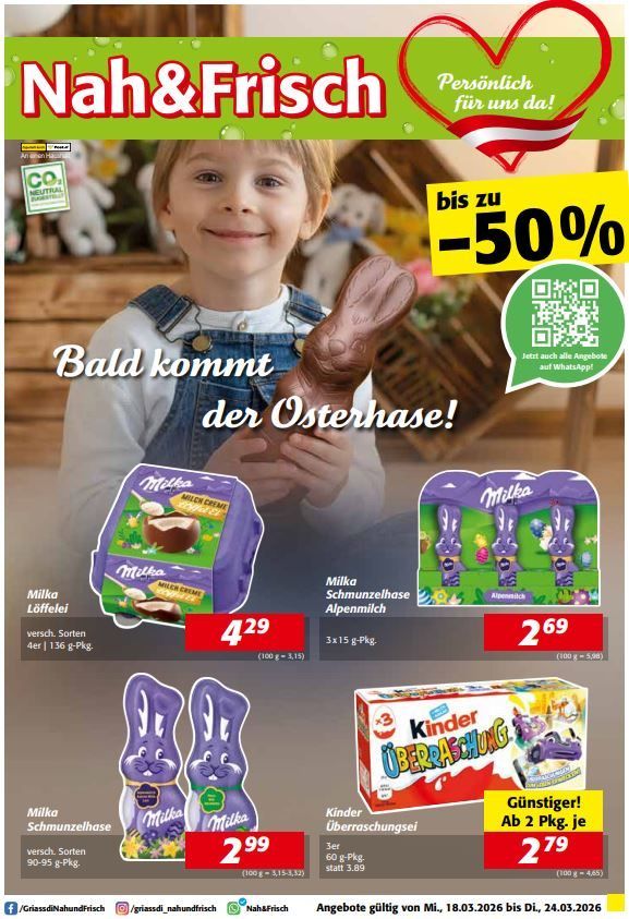 Werbeanzeige für Osterprodukte von Nah&Frisch. Zeigt Schokoladenhasen und Kinder Überraschungen mit Rabatten bis zu 50%. Erhältlich auf WhatsApp.