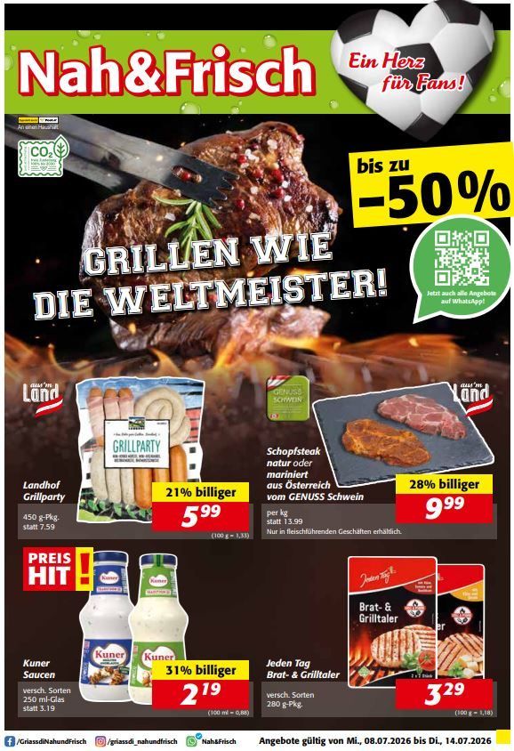 Die Werbung zeigt ein Steak, einen Grill und verschiedene Fleischprodukte. Ein Rabattangebot von bis zu 50% wird angezeigt. Es gibt Artikel wie 'Grillparty', 'Schopfsteak' und 'Brat-& Grilltaler'. Preise für verschiedene Produkte sind aufgelistet. Ein QR-Code ist vorhanden.