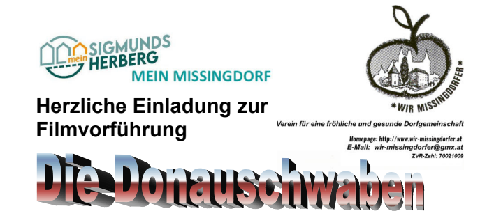 Eine Einladung zur Filmvorführung 'Die Donauschwaben' über die Geschichte einer deutschsprachigen Minderheit von der Ansiedlung bis zur Internierung. Der Film behandelt Maria Theresas Herrschaft und Titos Regime. Ein serbischer Filmemacher erforscht dieses Thema und listet es als unpatriotischen Film. Ludwig Wursts Vortrag 'Verlorene Heimat' begleitet die Vorführung.