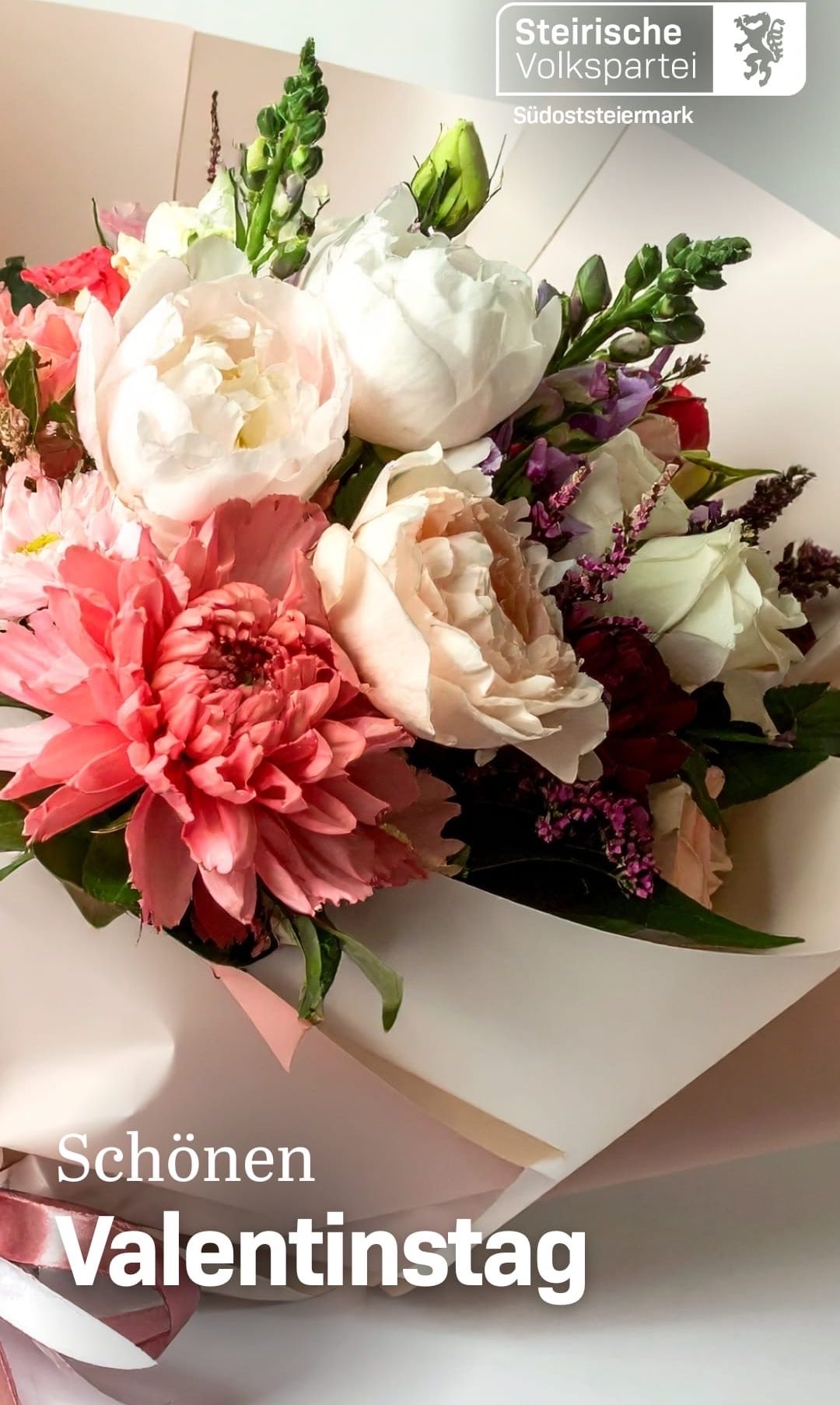 A bouquet of flowers with various shades of pink, white, and red, including peonies, roses, and dahlias, arranged on a white background.