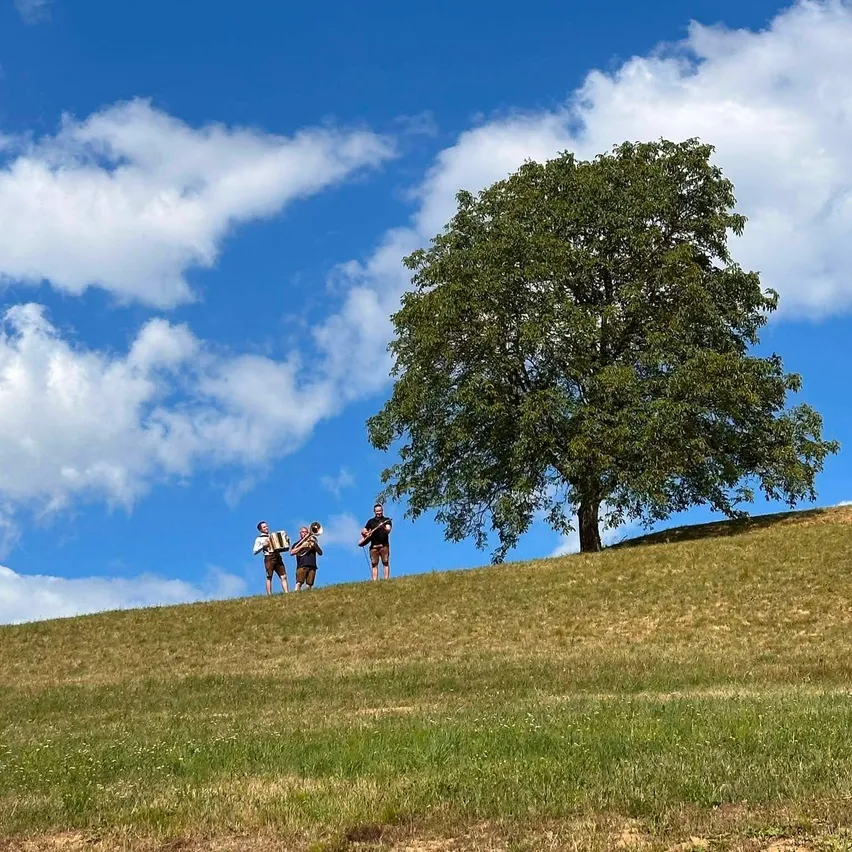 Drei Musiker stehen auf einem grünen Hügel unter einem blauen Himmel mit verstreuten Wolken, jeder hält ein anderes Instrument.