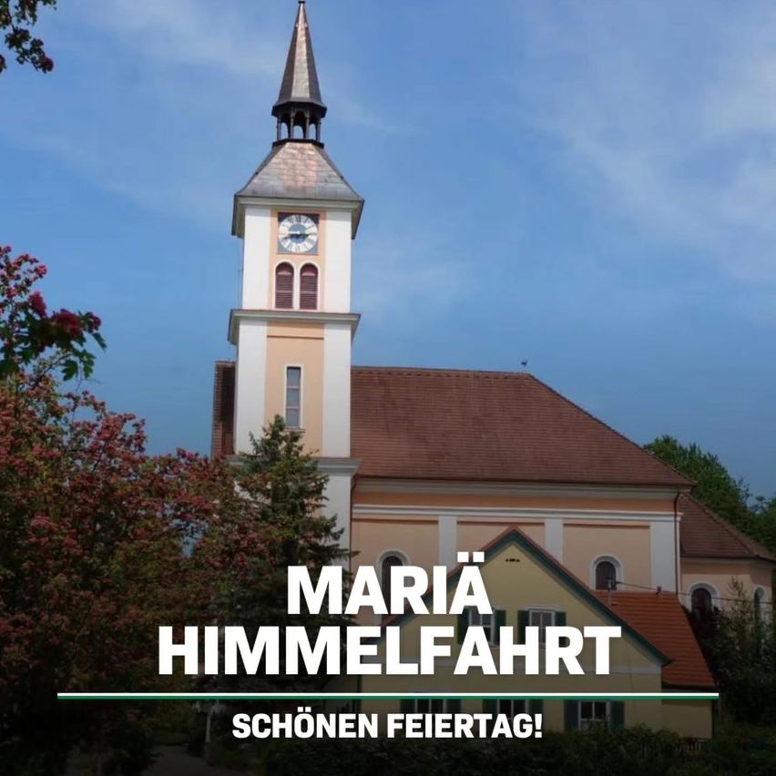 A church with a steeple and a clock, surrounded by trees, with the words 'Maria Himmelfahrt' and 'Schonen Feiertag' in bold letters.