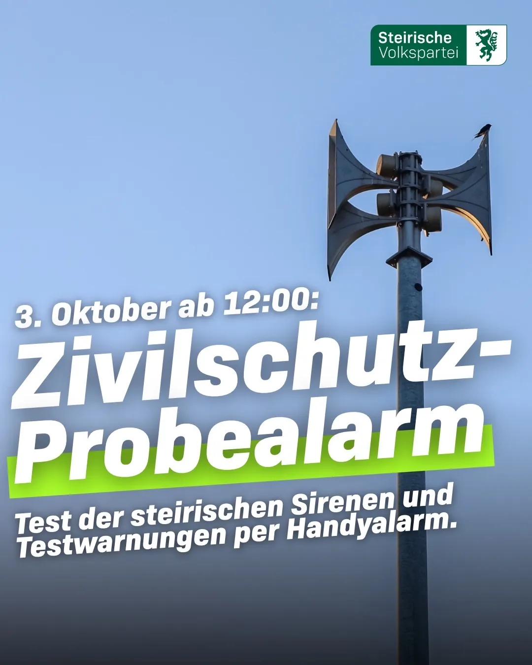Plakat für einen Zivilschutz-Probealarm am 3. Oktober ab 12:00, mit einer Sirene auf einem Pfosten vor blauem Himmel.