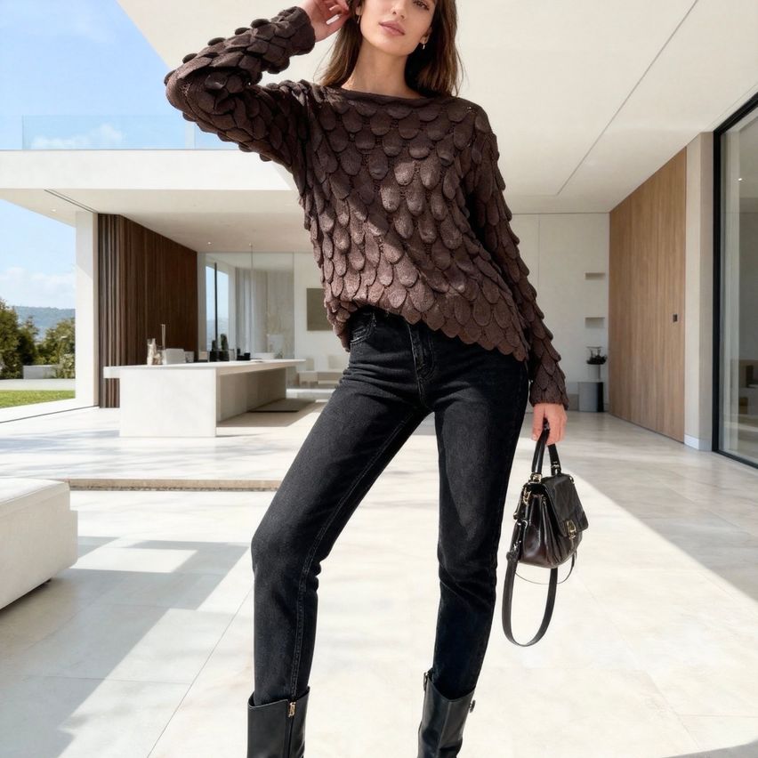 A woman stands indoors in a modern, sunlit room, wearing a brown textured sweater, black jeans, and black boots, holding a handbag.