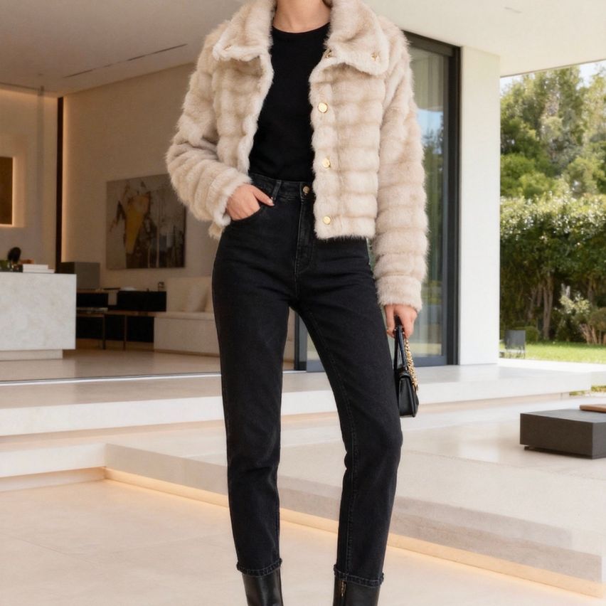 A woman stands indoors, wearing a white fur jacket, black top, black jeans, and black boots. She holds a black handbag. Behind her, there is a white interior with a glass door.