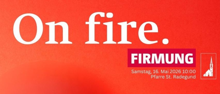 Das Poster zeigt 'On fire' in weißen Buchstaben auf rotem Hintergrund. Darunter befindet sich ein roter Rechteck mit dem Wort 'FIRM'. Das Datum ist Samstag, 16. Mai, und der Ort ist Pfar.