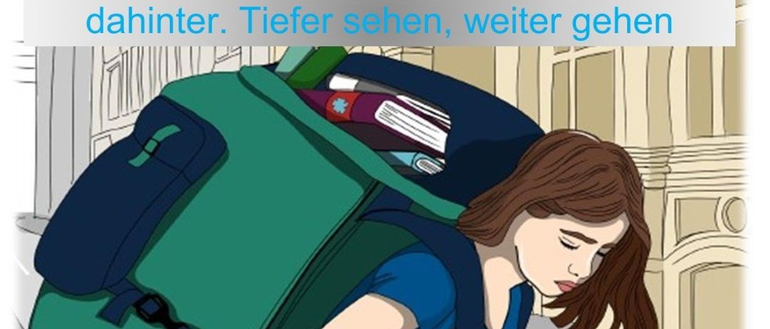 Eine illustrierte Frau mit Rucksack nähert sich einem Gebäude. Der Text lautet 'Der Jugendkreuzweg 2026.' Darunter steht ein Zitat, das fragt, was wirklich hinter Masken steckt, und ermutigt, nicht weiterzugehen, sondern sich zu verbinden, zu berühren und zu verändern. Ein Treffen ist für Sonntag, den 8. März 2026, um 14:30 Uhr geplant.
