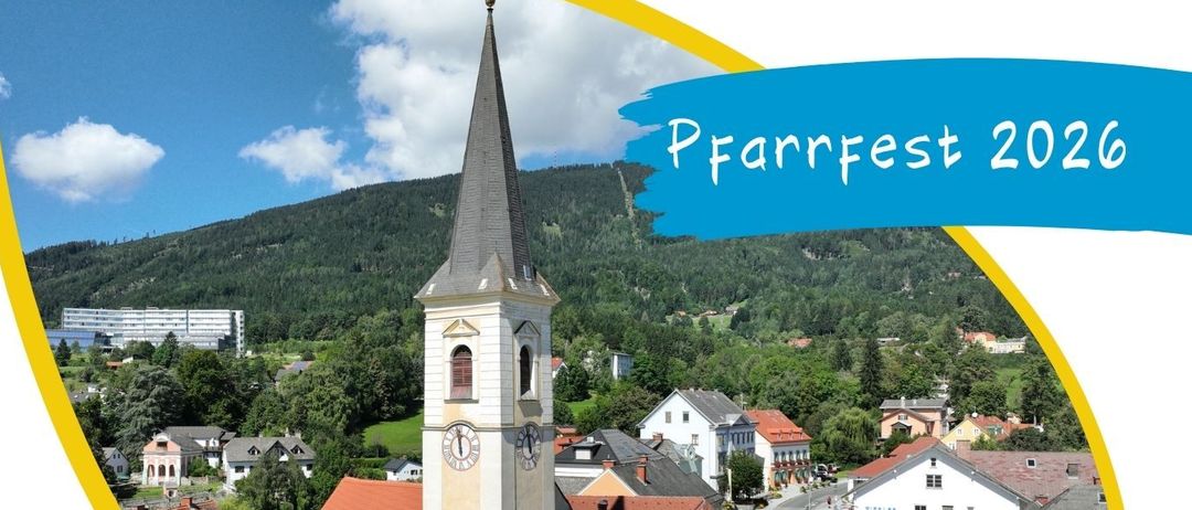 Ein Festival-Plakat für den Hufburg Kinderschminken Weinstand 2026 am 15. August, Beginn 09:00 Uhr. Das Plakat zeigt eine Kirche und ein Dorf mit Bergen im Hintergrund. Musikalische Unterhaltung durch den Musikverein St. Radegund folgt dem Gottesdienst.
