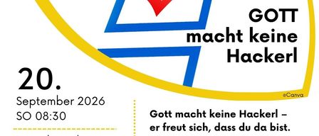 Poster for a rhythmic word-of-God celebration on September 20, 2026 at 8:30 AM at St. Radegund Church. The poster features a blue and yellow check mark with the text 'GOTT macht keine Hackerl' and a red check mark. The event is organized by RGM (religious music group).