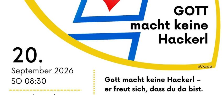 Poster for a rhythmic word-of-God celebration on September 20, 2026 at 8:30 AM at St. Radegund Church. The poster features a blue and yellow check mark with the text 'GOTT macht keine Hackerl' and a red check mark. The event is organized by RGM (religious music group).