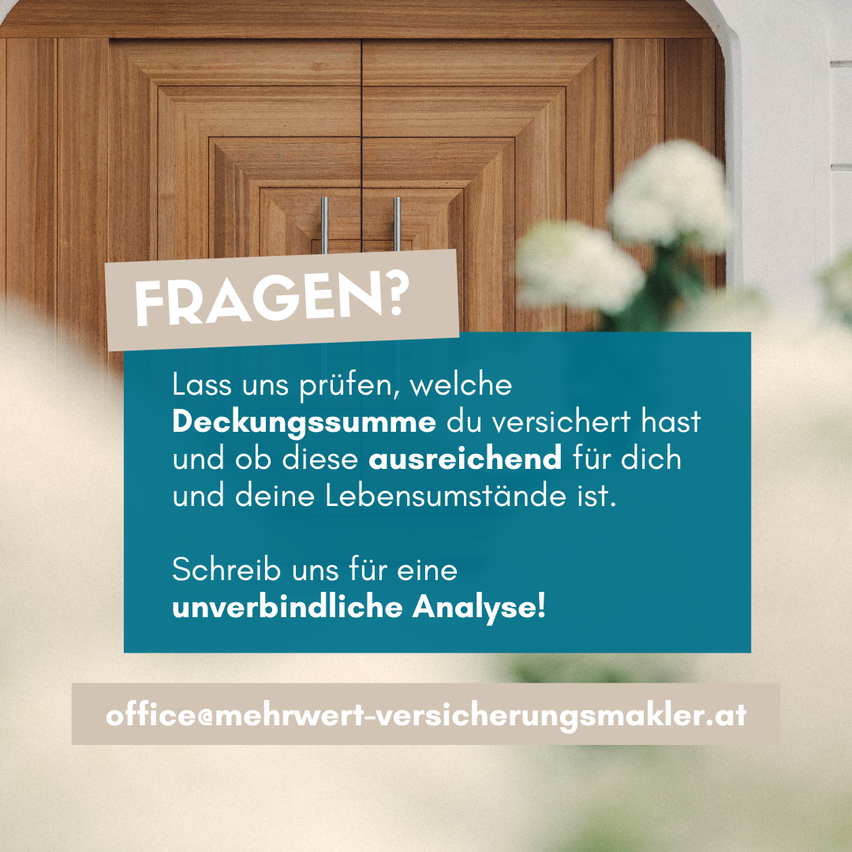 Ein Bild mit einer Holztür und Blumen. Es fragt, ob Sie genug Deckung haben und fordert Sie auf, sich für eine kostenlose Analyse zu melden. Die Kontakt-E-Mail wird angezeigt.