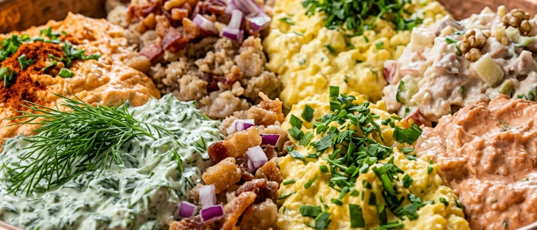 Eine kupferne Schüssel gefüllt mit verschiedenen Zutaten wie Rührei, Zwiebeln, Speck und Kräutern. Verschiedene Dips und Aufstriche schmücken die Seiten.