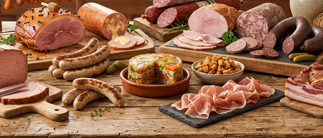 Ein Holztisch zeigt verschiedene Fleischsorten, darunter Schinken, Wurst und Salami. Schüsseln mit Brot und Nüssen ergänzen das Angebot. Vasen und ein Schild mit der Aufschrift 'Tradition Wurst' sind im Hintergrund zu sehen.