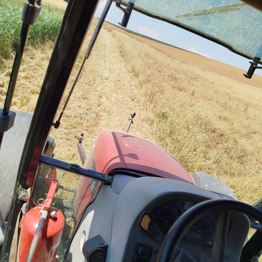 Blick von innen aus einem Traktor auf ein Feld mit trockenem Gras. Das Lenkrad und das Armaturenbrett des Traktors sind sichtbar. Ein Feuerlöscher ist an der Seite des Traktors befestigt.