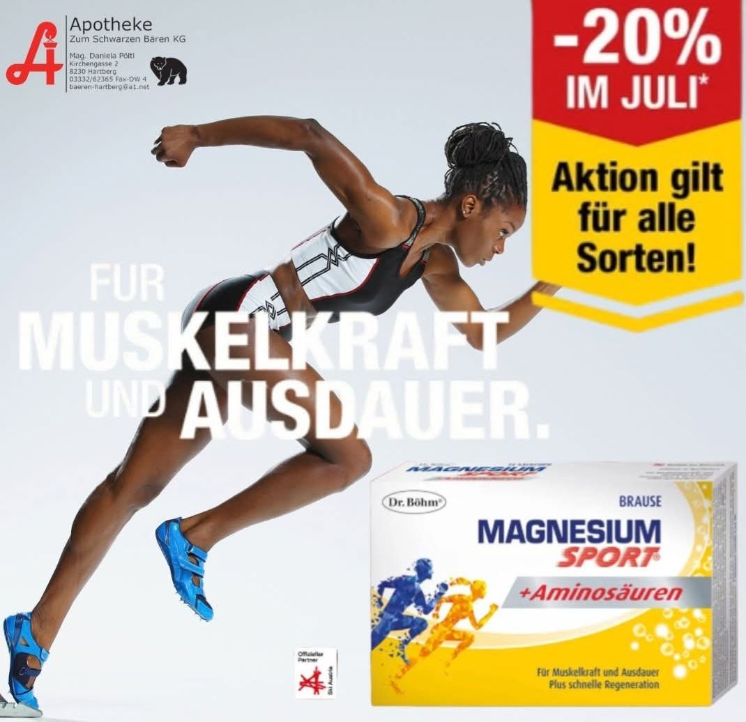 Die Werbung bewirbt ein Produkt namens Magnesium Sport und bietet im Juli 20% Rabatt. Eine Sportlerin läuft, wobei der Fokus auf Muskelkraft und Ausdauer liegt.