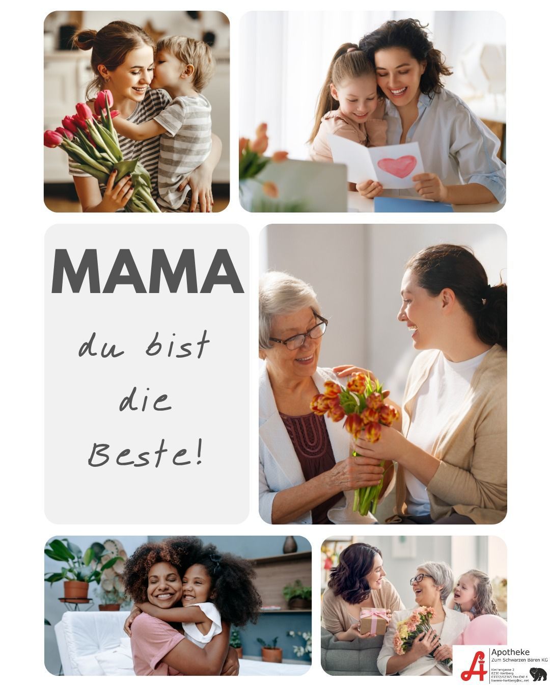 Eine Collage von Bildern, die Mütter und ihre Kinder zeigt. Ein Bild zeigt eine Mutter, die Blumen hält, ein anderes eine Mutter, die einem Kind eine Karte vorliest. Der Text 'MAMA du bist die Beste!' ist ebenfalls enthalten.