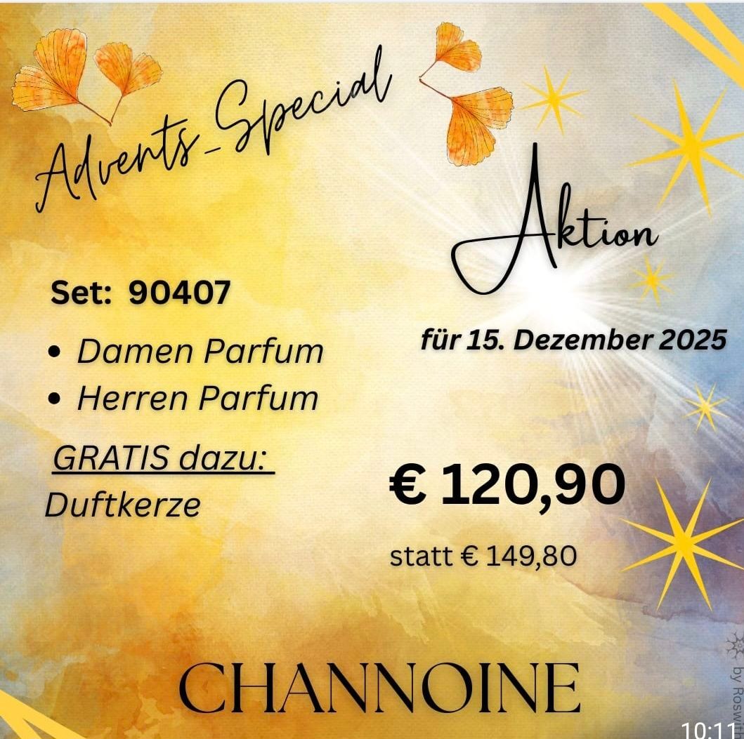 Werbeposter für Channonine. Es zeigt ein Set von 90407 mit Damen- und Herrenparfums. Der Preis beträgt 120,90 Euro, und es gibt auch eine kostenlose Kerze. Das Datum ist 15. Dezember 2025.