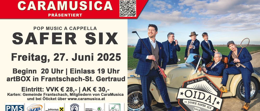 Plakat für die A-cappella-Gruppe 'Mr Six' mit einem Mann in Anzug und Golfschläger. Veranstaltung für den 7. Juni 2025. QR-Code enthalten.