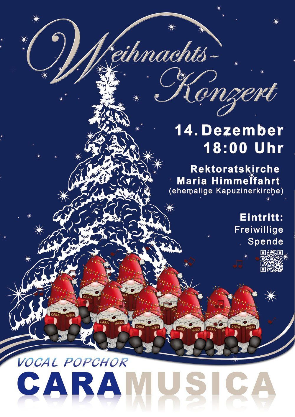 A poster for a Christmas concert at the Rectoral Church Maria Himmelfahrt on December 14th at 18:00. The poster features a decorated Christmas tree and a group of gnomes singing. The entrance is free.