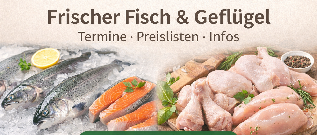 Eine Werbung für Bauermarkt Simonsfeld zeigt frischen Fisch und Geflügel mit Terminen, Preislisten und Infos, vor einem weißen Hintergrund.