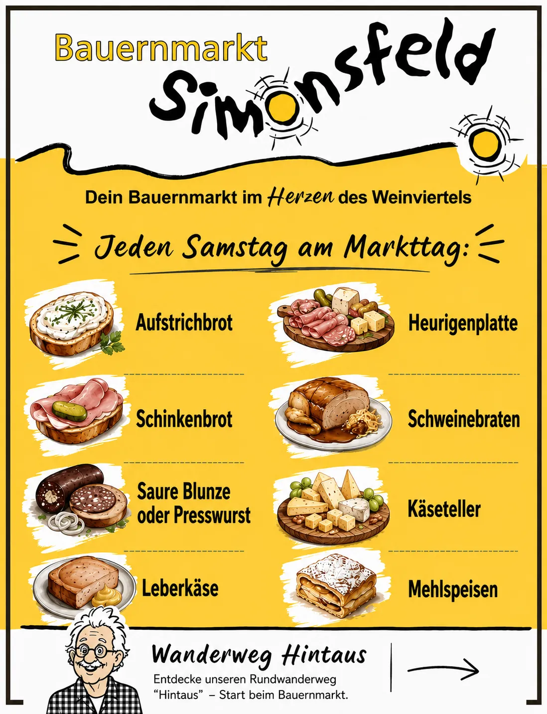 Werbeplakat für Simons Bauernmarkt im Herzen des Weinviertels. Bietet verschiedene Lebensmittel wie Aufstrichbrot, Heurigenplatten, usw. Jeden Samstag am Markttag erhältlich.
