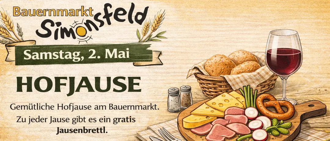 Eine Werbung für Hofjause am Bauernmarkt am 2. Mai, mit einem Korb Brot, einem Tablett mit Käse, Radieschen und Fleisch und einem Glas Wein.