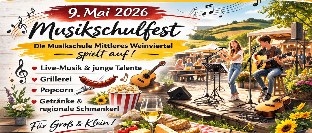 Simonsfeld Bauernmarkt im Herzen des Weinviertels. 9. Mai 2026. Musikschulfest. Musikschule des mittleren Weinviertels. Popcorn, Getränke und regionale Spezialitäten. Groß und Klein.