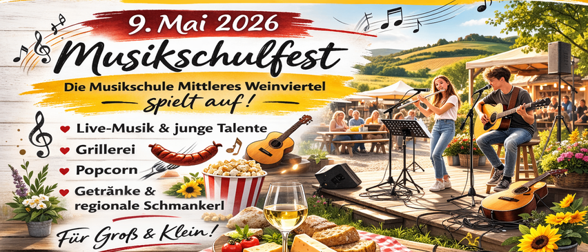 Simonsfeld Bauernmarkt im Herzen des Weinviertels. 9. Mai 2026. Musikschulfest. Musikschule des mittleren Weinviertels. Popcorn, Getränke und regionale Spezialitäten. Groß und Klein.