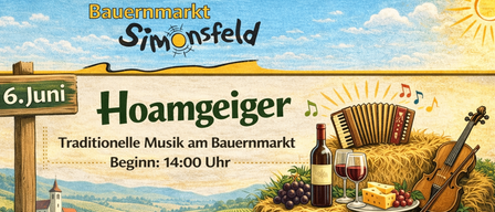 Poster for Simonsfeld's farmers market with traditional music. A bottle of wine, cheese, and fruit on a haystack. Starts at 2 PM.