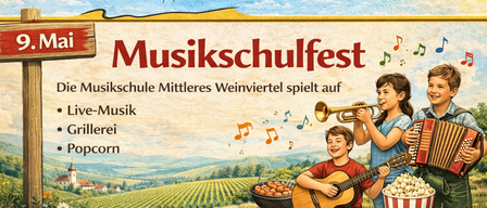 Simonsfeld Farmers Market Music School Festival. Music School of the Middle Wine Quarter playing live music. Popcorn and grillerei. Visit www.bauernmarkt-simonsfeld.at.