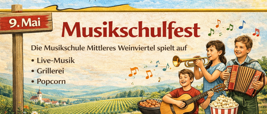 Simonsfeld Bauernmarkt Musikschulfest. Die Musikschule des Mittleren Weinviertels spielt Live-Musik. Popcorn und Grillerei. Besuchen Sie www.bauernmarkt-simonsfeld.at.