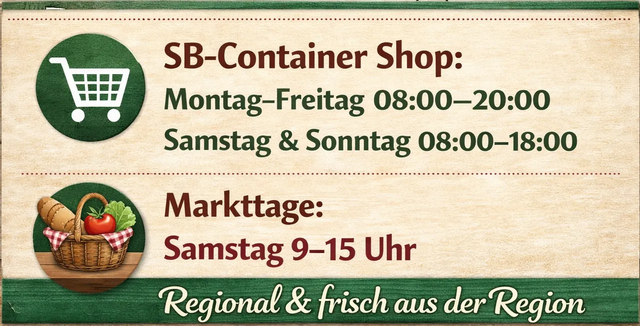 SB-Container Shop: Montag-Freitag 08:00-20:00, Samstag & Sonntag 08:00-. Markttage: Samstag 9-15 Uhr. Regional & frisch aus der Region.