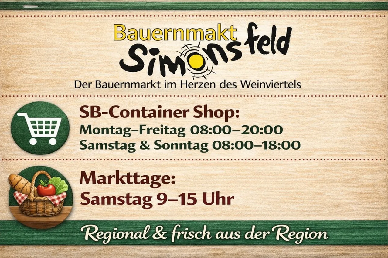 Simonsfeld Bauernmarkt. Geöffnet Montag bis Freitag von 08:00 bis 20:00, Samstag und Sonntag von 08:00 bis 18:00. Markttage sind Samstag von 9-15 Uhr. Regional und frisch aus der Region.