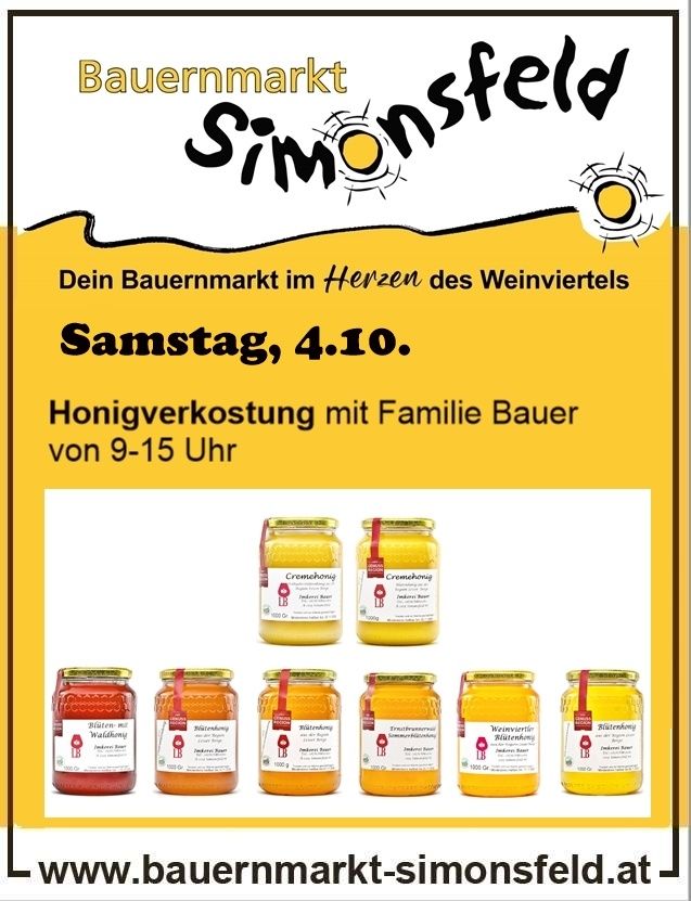 Eine Werbung für den Simonsfeld Bauernmarkt bewirbt eine Honigverkostung mit Familie Bauer am Samstag, 4. Oktober, von 9-15 Uhr. Es werden mehrere Honiggläser vorgestellt.