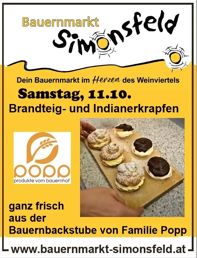 Plakat für den Bauernmarkt in Simonsfeld. Es zeigt ein Foto von frisch zubereiteten Gebäckstücken auf einem Schneidebrett. Der Text hebt einen Samstagsmarkt am 11. Oktober mit Brandteig und Indianerkrapfen hervor.