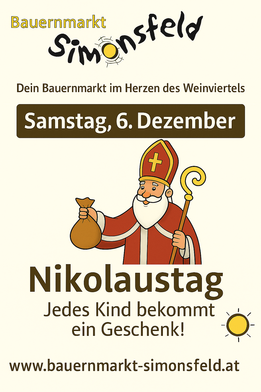 Plakat mit einer Karikatur von St. Nikolaus, der einen Sack hält, kündigt 'Nikolaustag' am 6. Dezember an. Es steht 'Jedes Kind bekommt ein Geschenk'.