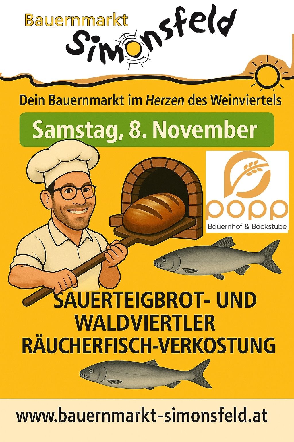 Plakat für einen Bauernmarkt-Event am 8. November, mit einem Koch, der ein Sauerteigbrot und einen Fisch hält, und einem Logo für Popp Bauernhof & Backstube.