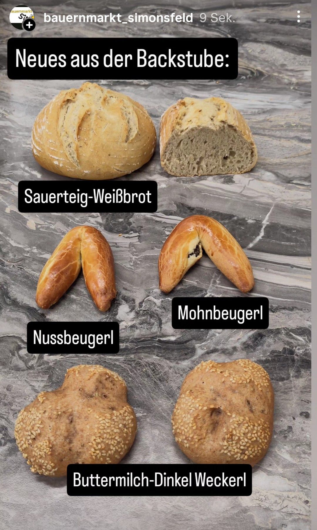 Eine Collage verschiedener Brotsorten, darunter Vollkornbrot, Weißbrot, Nussbeugerl, Mohnbeugerl und Sesambrot.