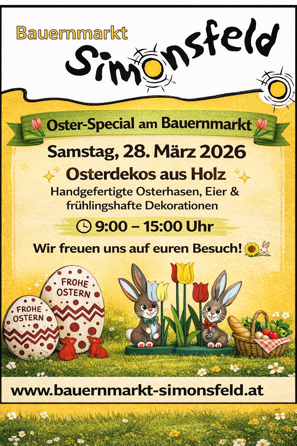 Ein Ostermarkt mit handgefertigten Ostereiern, Körben und Frühlingsdekorationen. Das Event ist für den 28. März 2026 von 9:00 Uhr bis 15:00 Uhr geplant. Der Markt heißt Besucher willkommen.