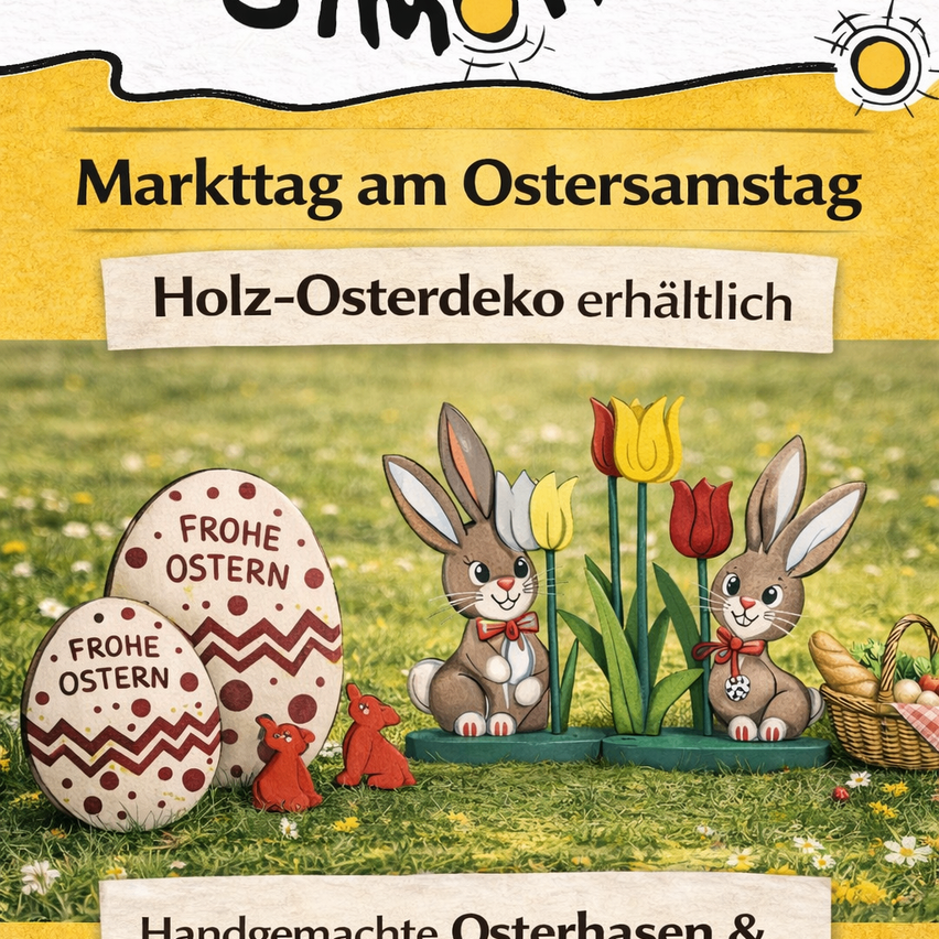 Ein Marktposter für Ostersonntag zeigt hölzerne Osterdekorationen mit Hasen und Blumen, einem Korb mit Eiern und Text auf Deutsch.