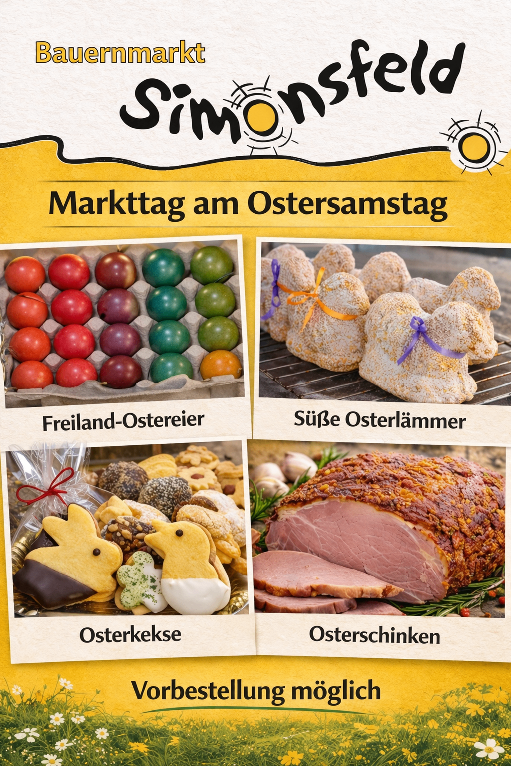 Plakat mit Ostermarkt-Artikeln, mit farbigen Eiern, Osterhasen, Osterkeksen und Schinken. Jeder Artikel ist mit seinem Namen beschriftet.